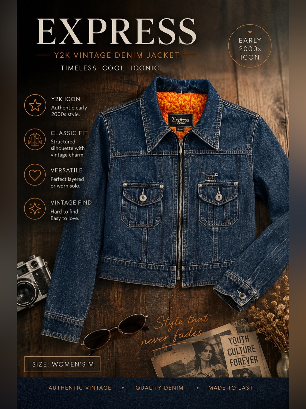 Express Y2K Denim Jacket Vintage Cropped Zip Front Jean Jacket